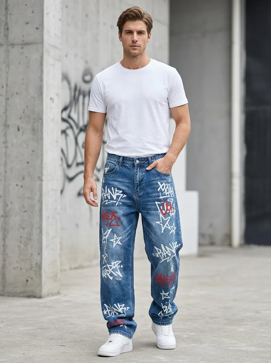 Unisex Streetwear Graffiti Star Jeans