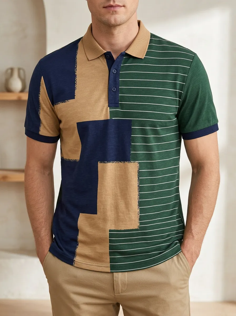 Men's Colorblock Striped Pattern Printed Polo Shirt Weekend Casual Style