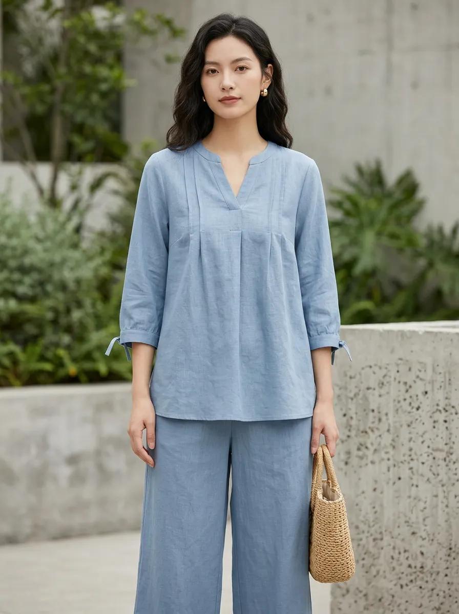 Short-Sleeve Tie-Sleeve Pleated Women's V-Neck Shirt
