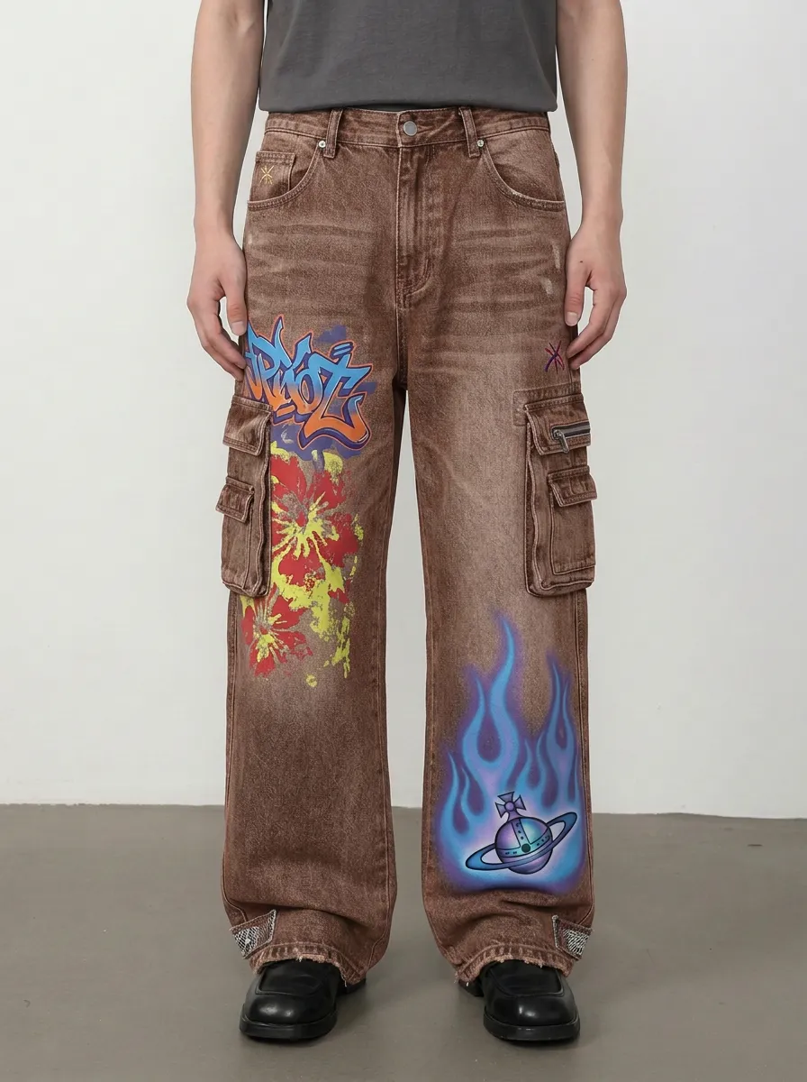 Men's Streetwear Graffiti Flame Planet Graphic Cargo Jeans