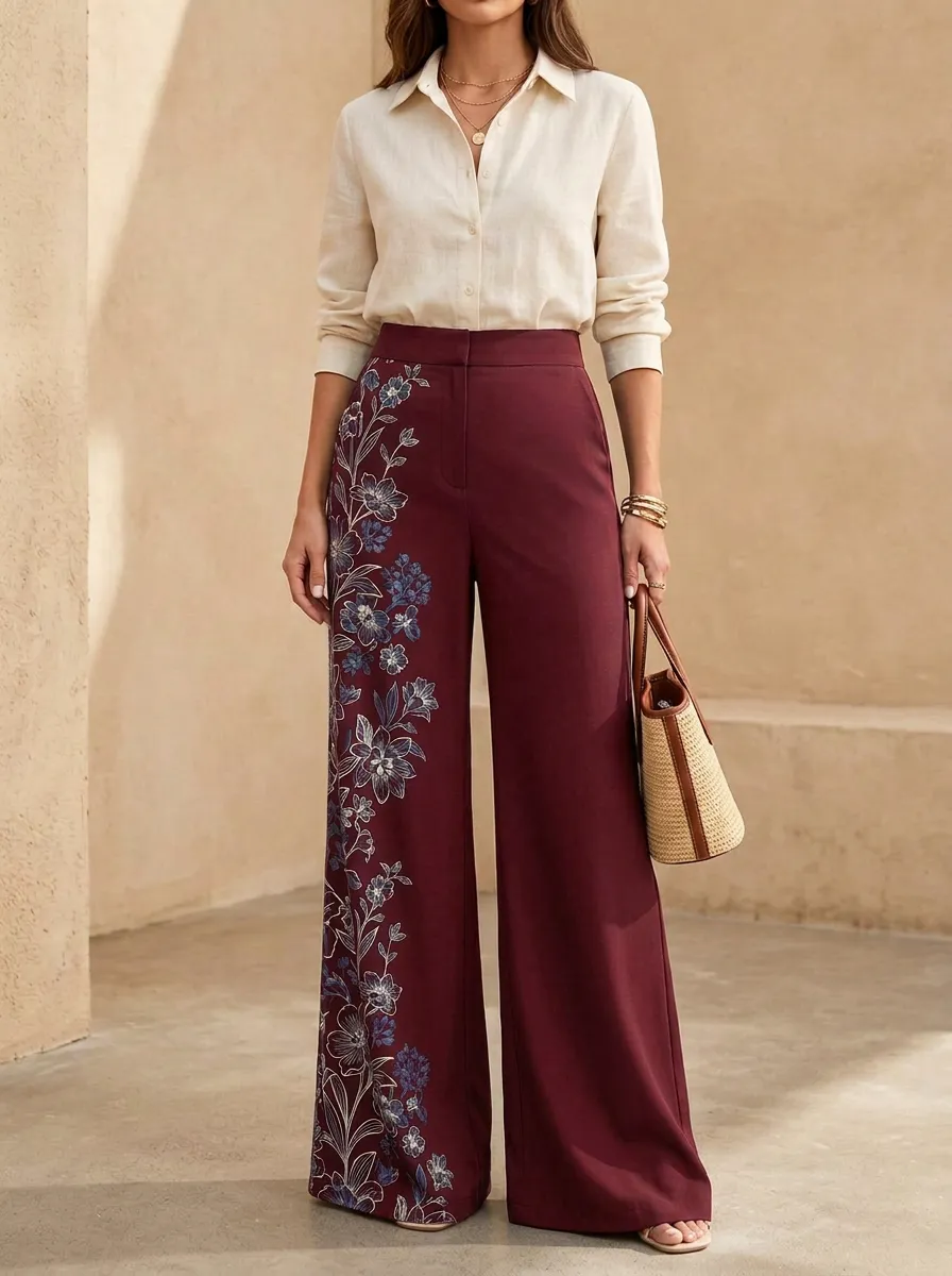 Women's Floral Botanical Side Patterned High-Waist Wide-Leg Trousers