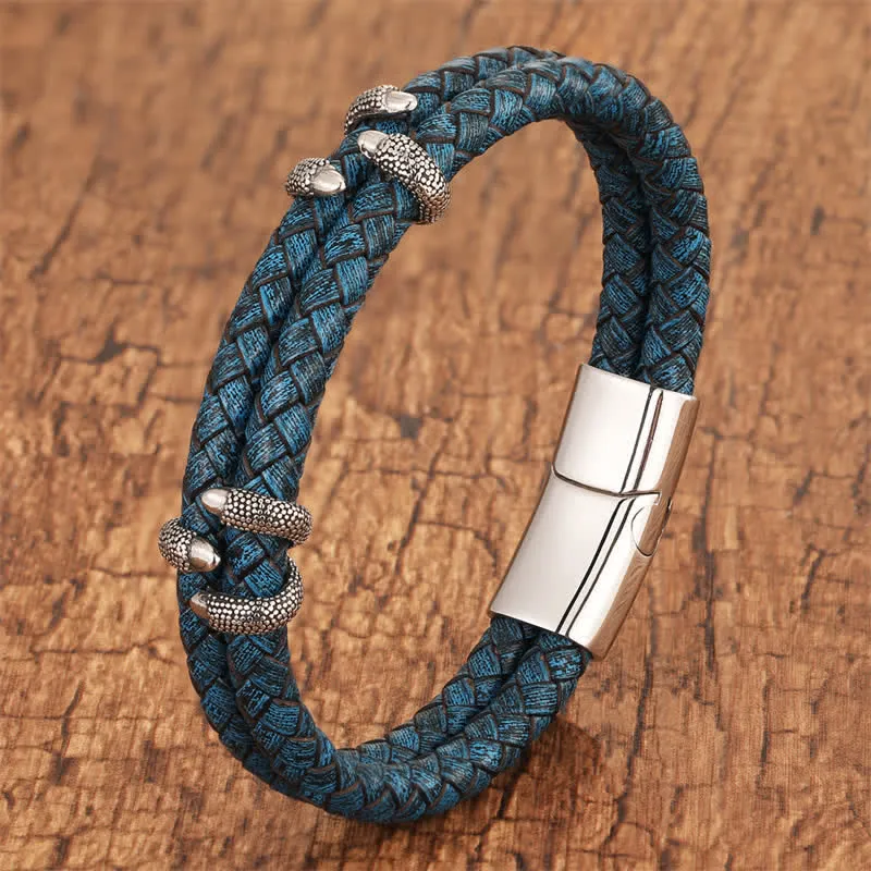 Braided Leather Dragon Claw Stainless Steel Bracelet