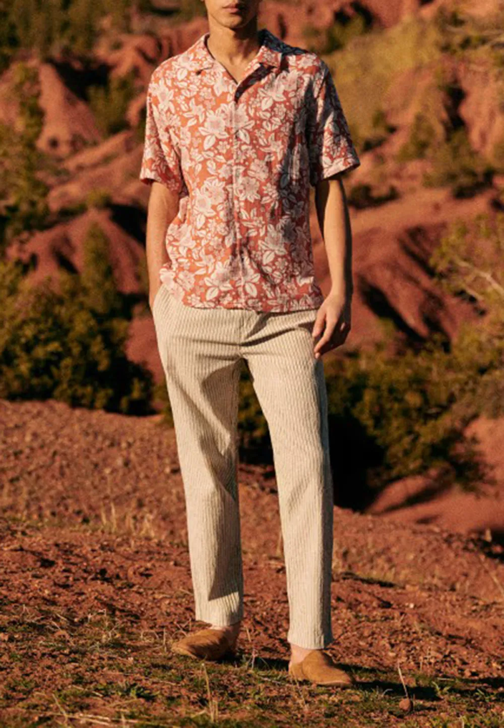 Light Orange Floral Print Short Sleeve Cotton Shirt