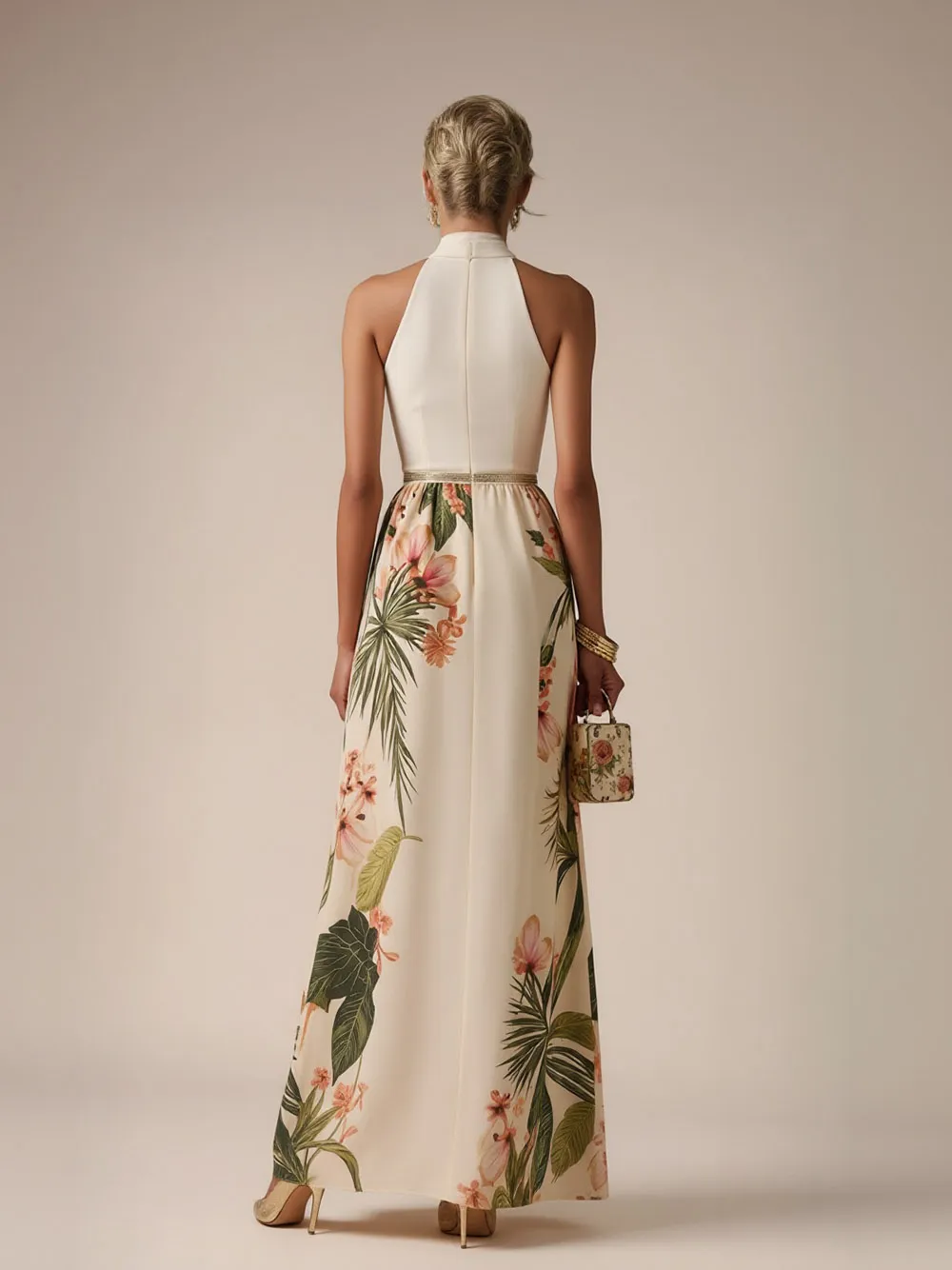 Halter Neck Floral Satin Maxi Dress