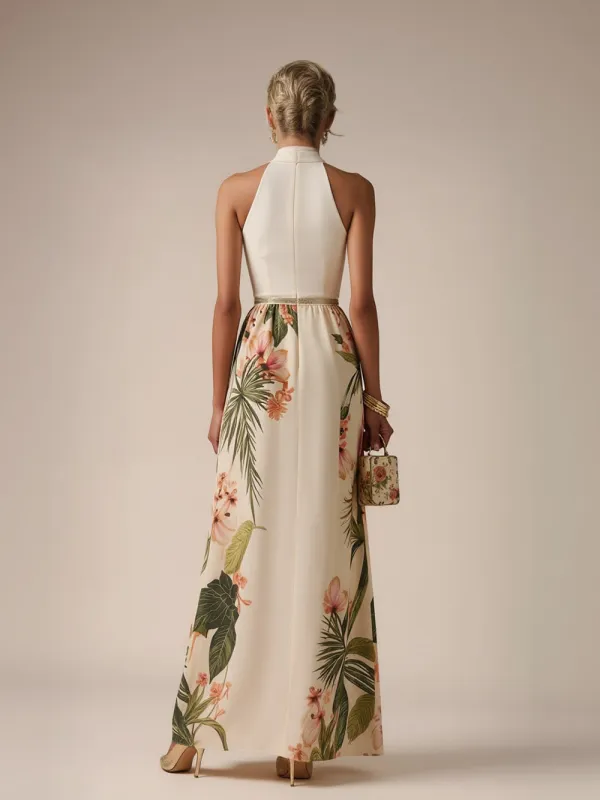 Halter Neck Floral Satin Maxi Dress
