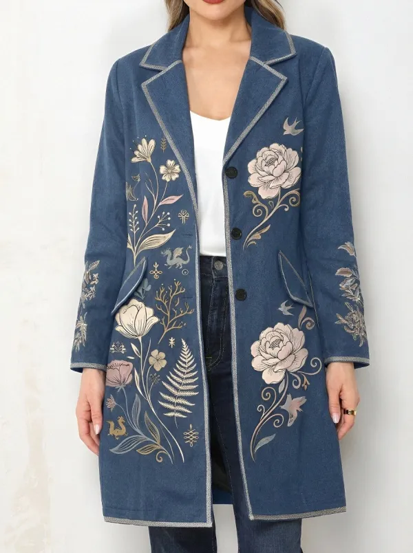 Women's Floral Dragon Botanical Printed Long Blazer Coat