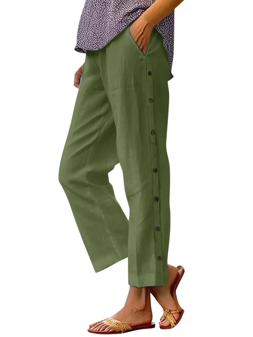 Wide Leg Button Detail Pocketed Pants