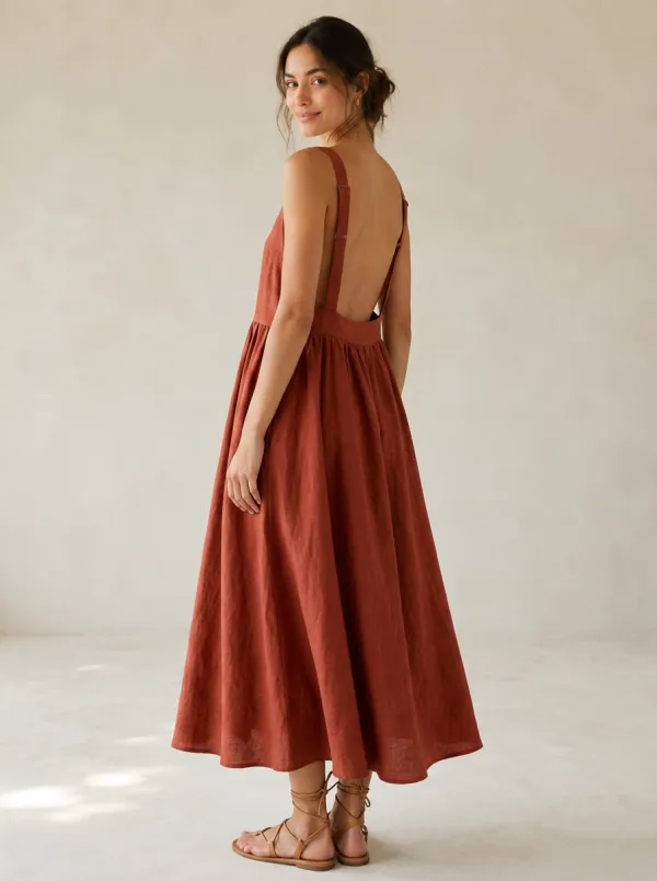 Women's Soft-Movement Casual Linen Midi Backless Dress