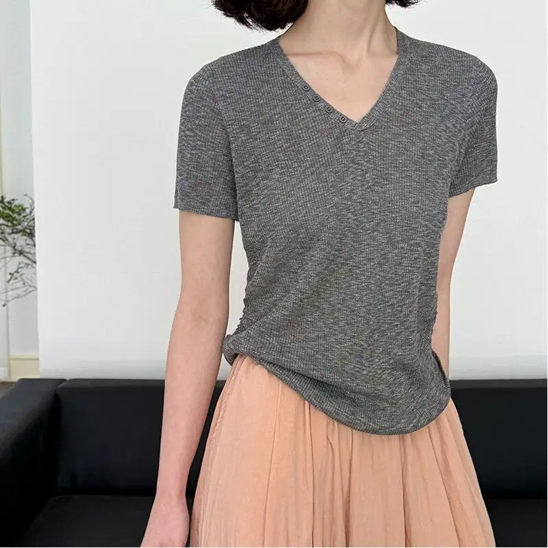 Button V-Neck Short Sleeve T-Shirt