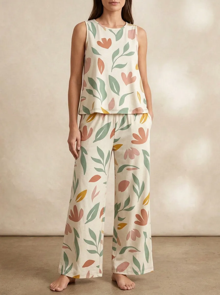 Women's Cream Botanical Sleeveless Top & Wide-Leg Pants Set