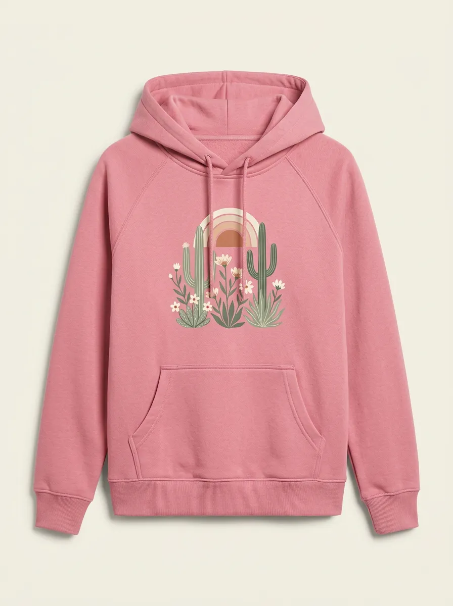Women's Hooded Drawstring Graphic Floral Ribbed Long-Sleeve Hoodie