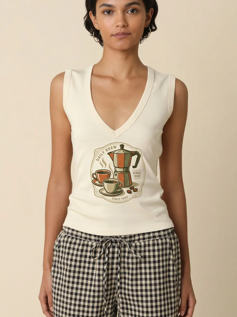 Women's Coffee Lover Daily Brew Moka Pot Printed Tank Top