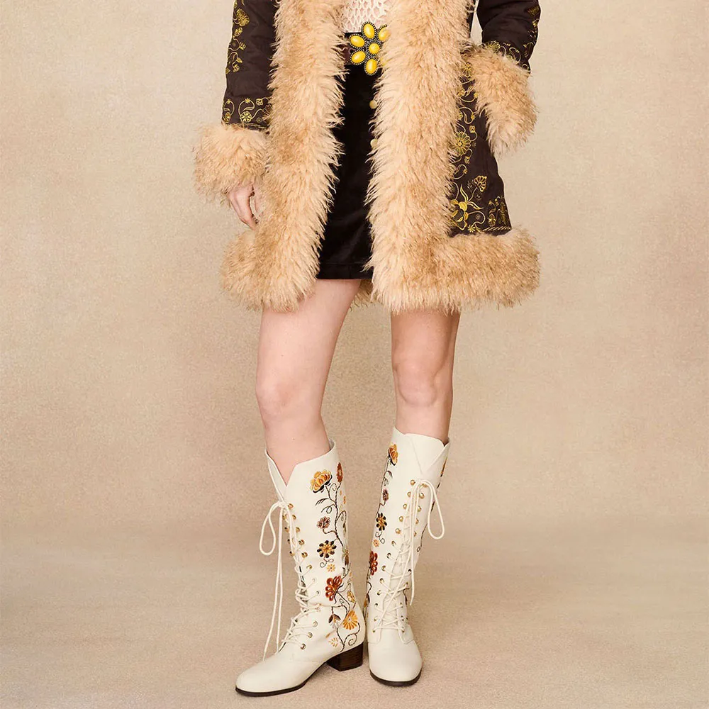 Faux-Leather Embroidered Lace-Up Floral Mid-Calf Boots