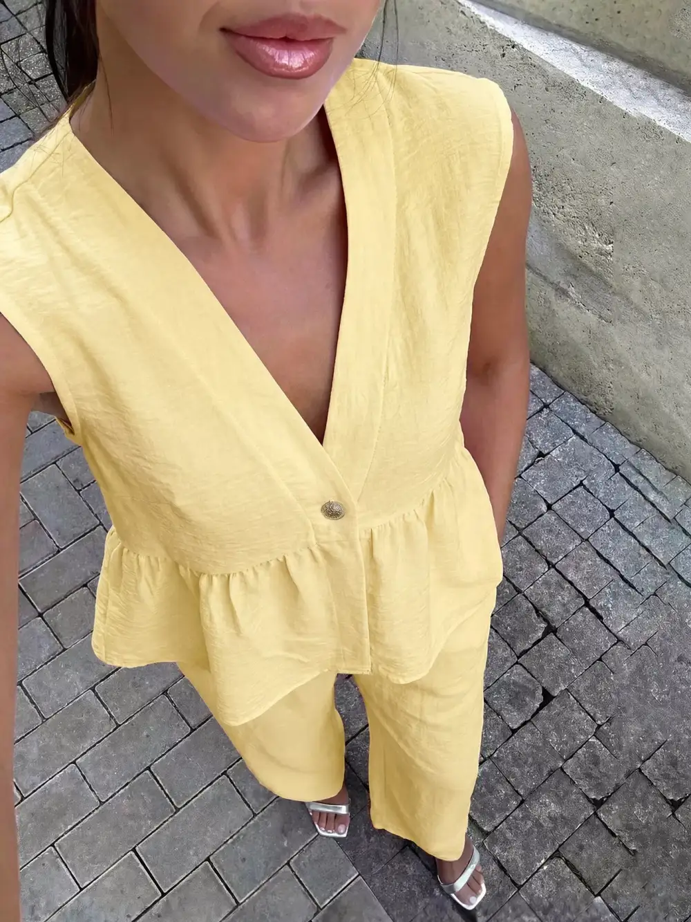 One Button Sleeveless Top and Pants Set