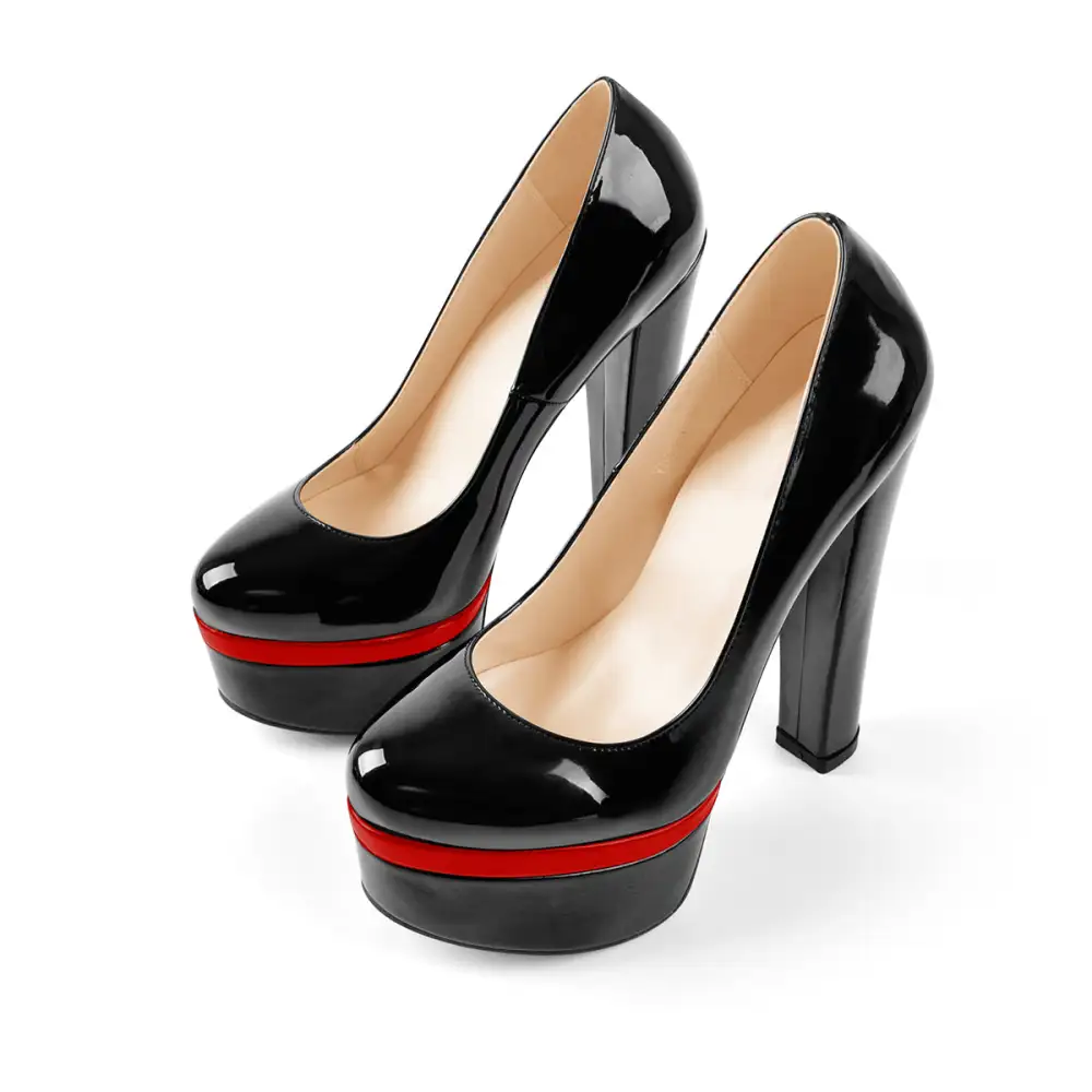 Modern Patent Finish Pointed Toe Platform Chunky Heel Pumps