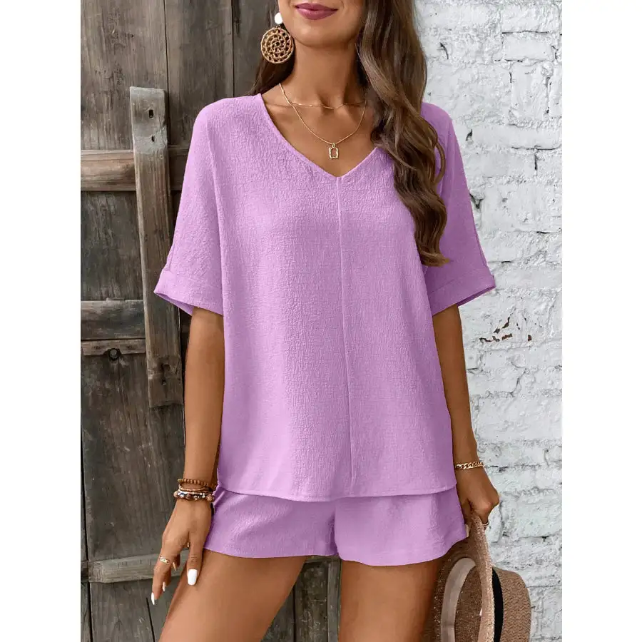 Relaxed Fit V Neck Top and Shorts Two Piece Set