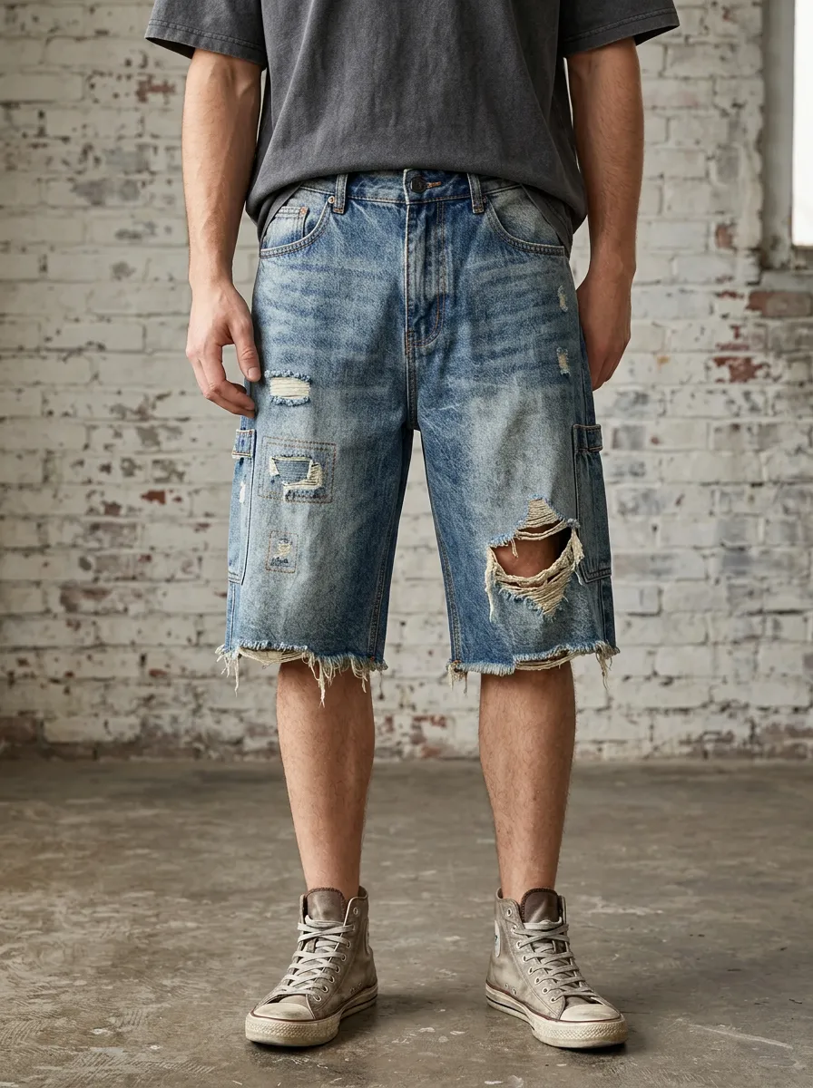 Men's Vintage Distressed Ripped Denim Cargo Shorts