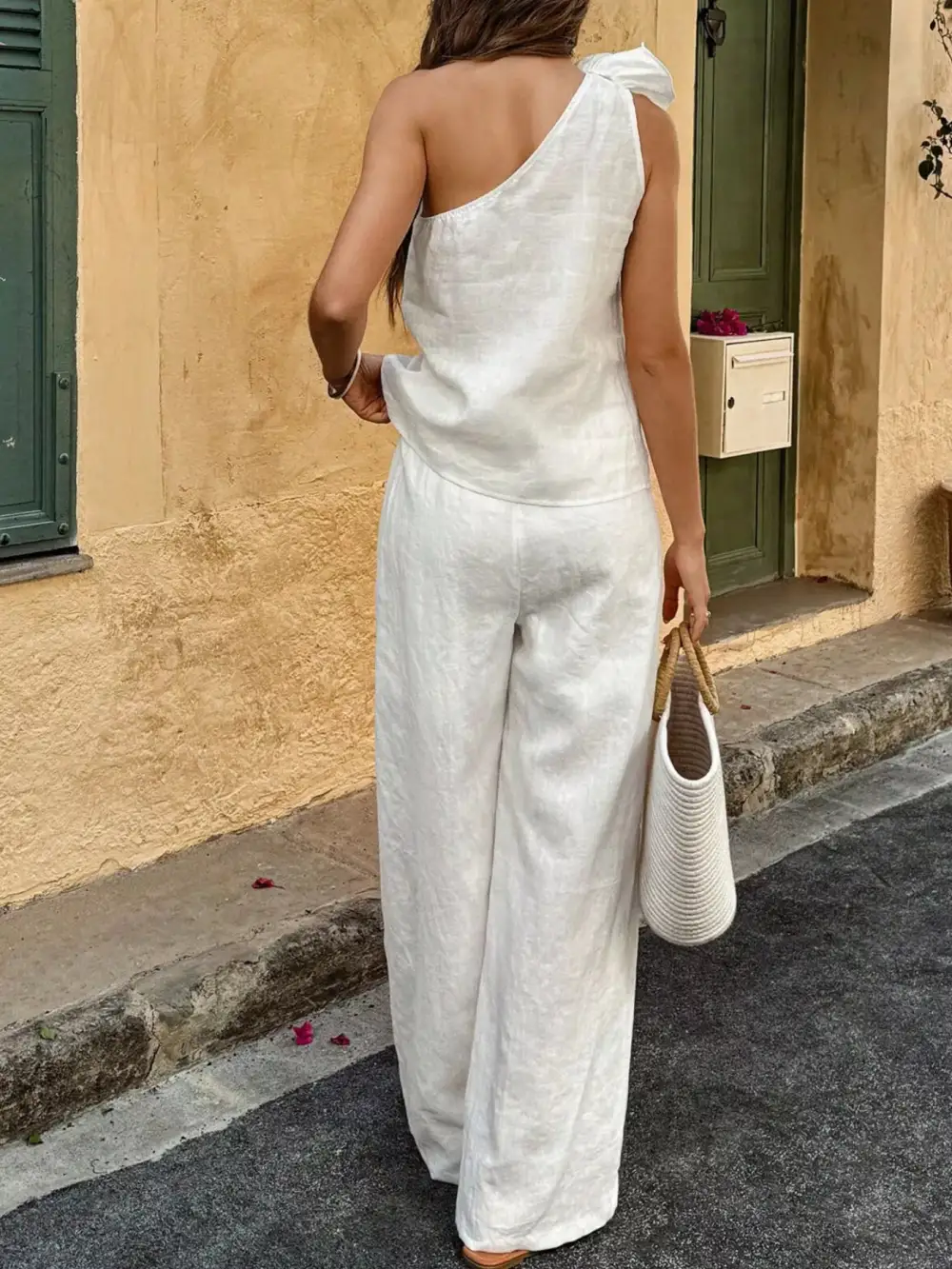 One Shoulder Floral Embellished Top and Pants Set