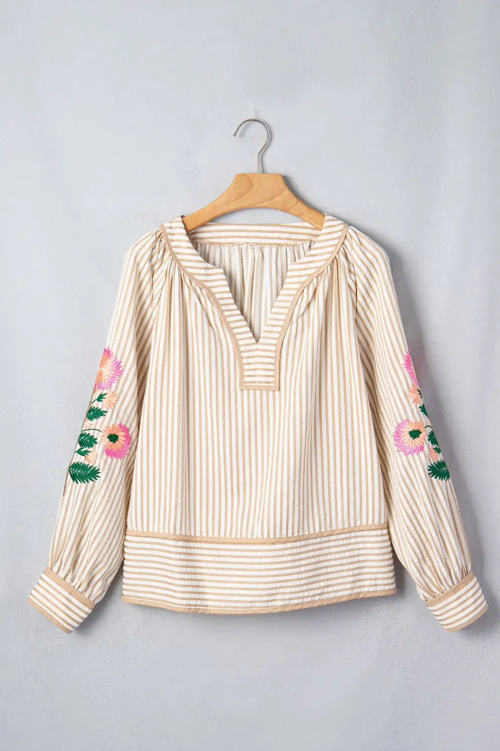Women's Floral Print Striped Embroidered Top