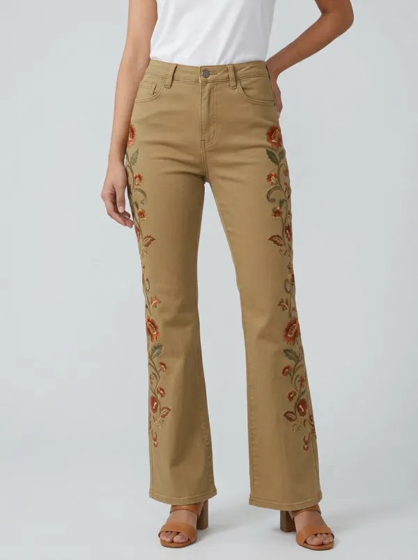 Women's Artistic Medium Wash Floral Embroidery High-Rise Flare Jeans
