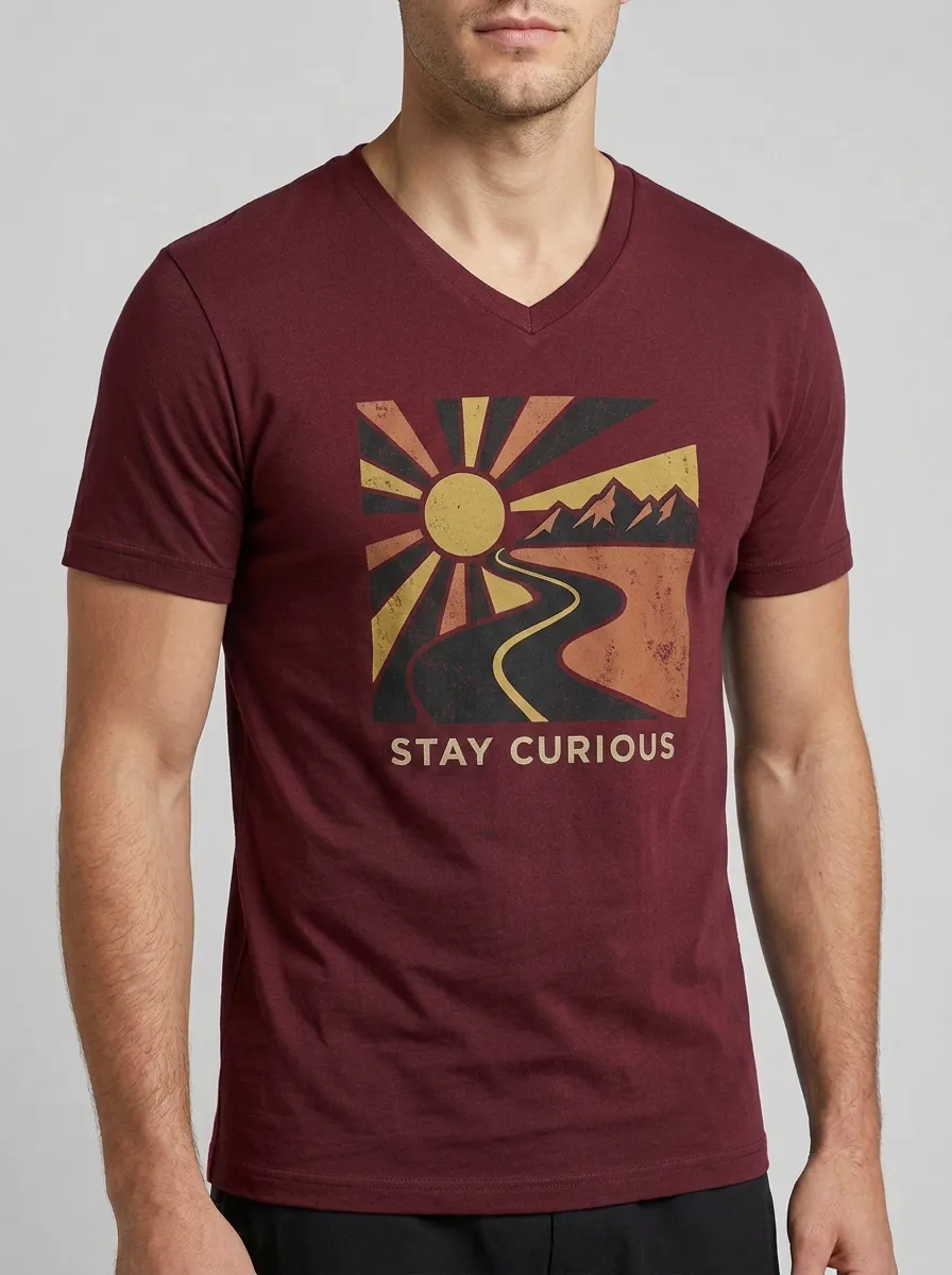 Men's Adventure Lover Stay Curious Mountain Road Printed V-Neck T-Shirt