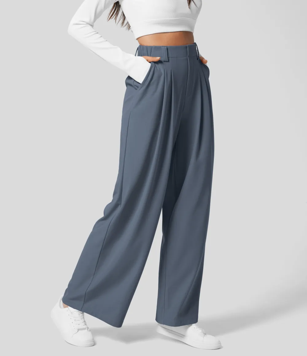 2026🔥  High Waisted Plicated Side Pocket Wide Leg Waffle Work Pants