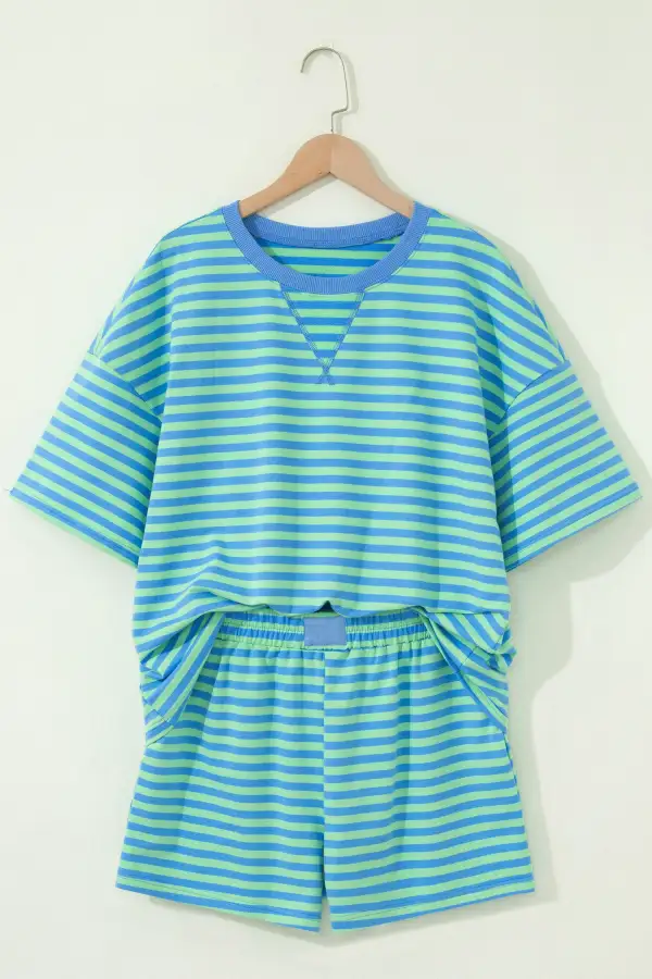 Women's Striped Ribbed Cotton Two-piece Pant Set with Chest Patch Detail
