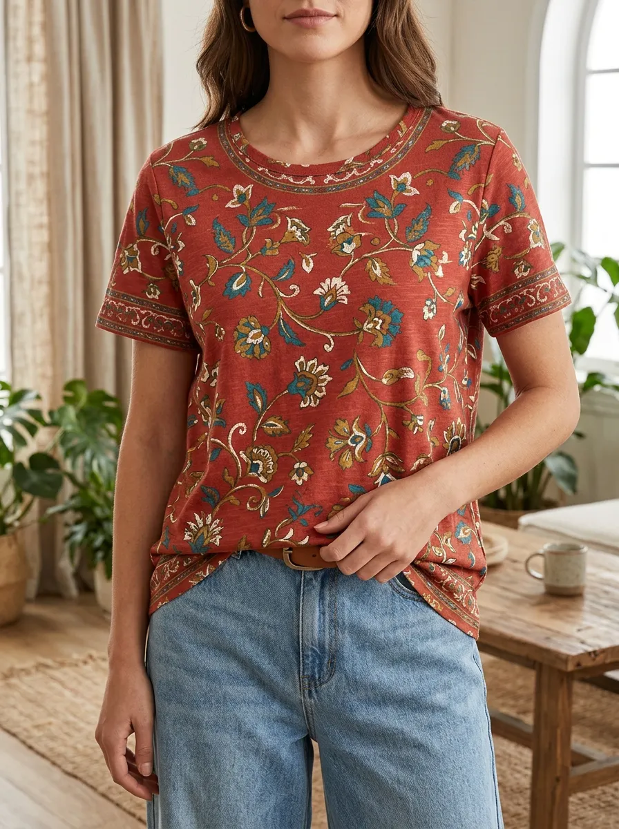 Women's Boho Floral Pattern Rust Red Printed T-shirt