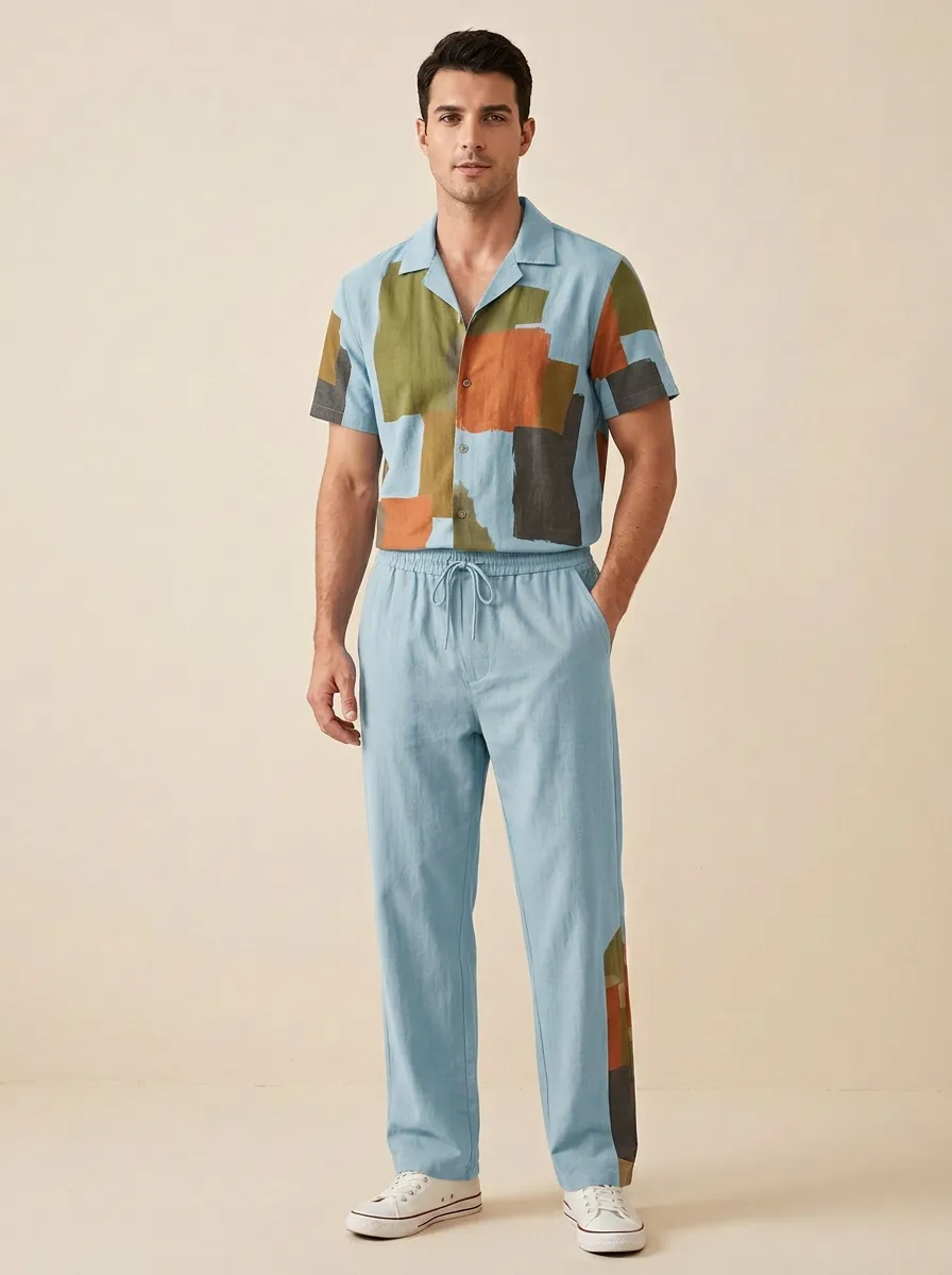 Men's Abstract Geometric Colorblock Printed Casual Set Everyday Design