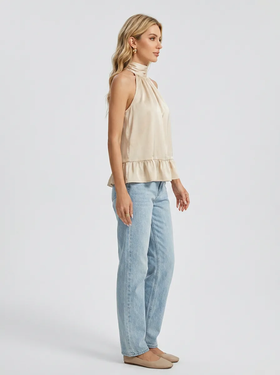 Satin Halter Neck Ruffle Hem Top