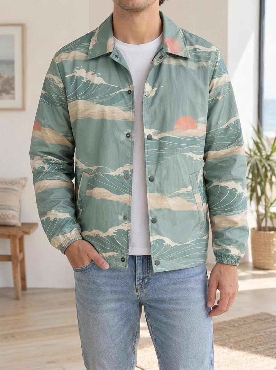 Men's Japanese Ocean Wave Sun Printed Coach Jacket
