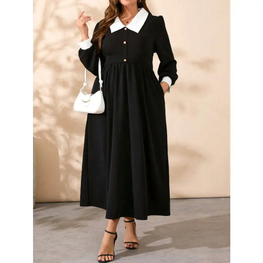 Plus Size Contrast Collared Neck Long Sleeve Midi Dress