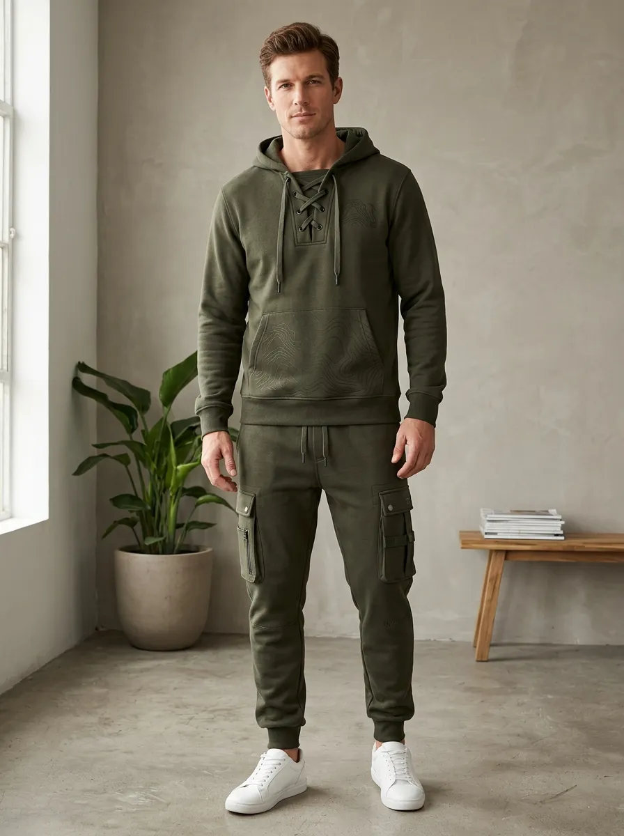 Streamlined Lace-Up Topographic Street Look Men's Lace Up Hoodie And Cargo Jogger Set