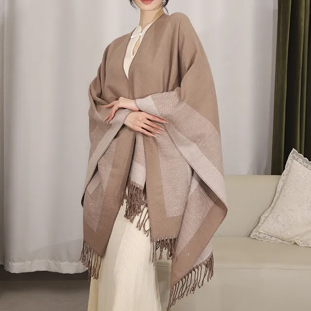 Fringed Wool Blend Poncho Wrap