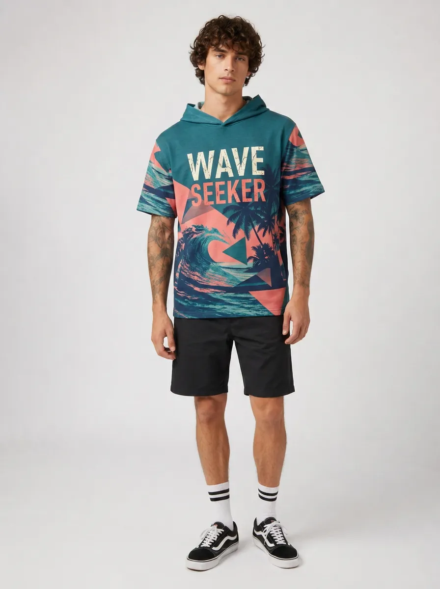 Men's Surfing Wave Seeker Tropical Palm Printed Hoodie T-shirt