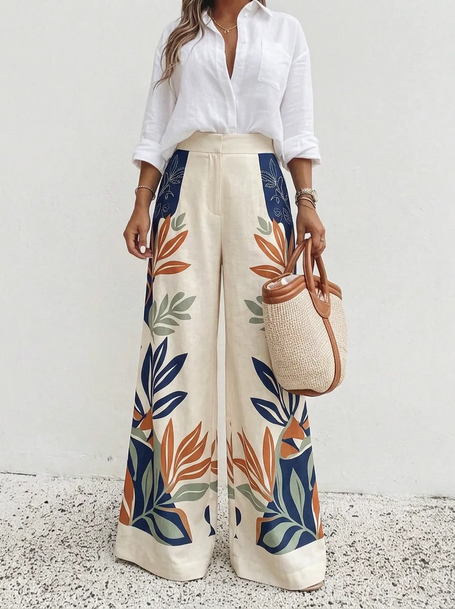 Women's Cream Botanical Print Navy High-Waisted Wide-Leg Trousers