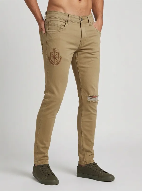 Men's Vintage Shield Emblem Distressed Printed Slim-Fit Jeans