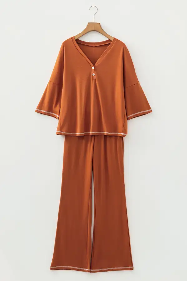 Women's Contrast Stitching Buttoned V Neck Half Sleeve Top and Drawstring Flare Pants Set