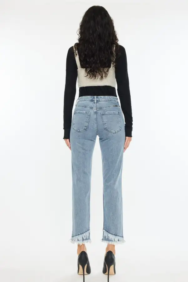 High-Rise Raw-Hem Washed Pocketed Straight Leg Jeans