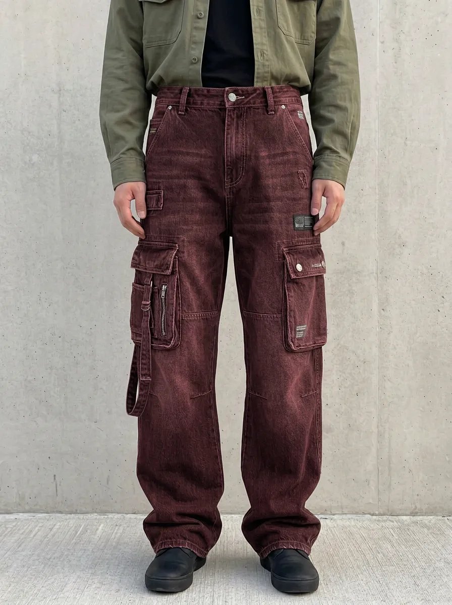 Men's Washed Black Multi-Pocket Strap Detail Cargo Pants