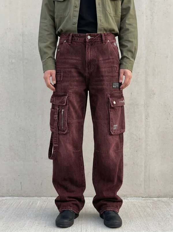 Men's Washed Black Multi-Pocket Strap Detail Cargo Pants
