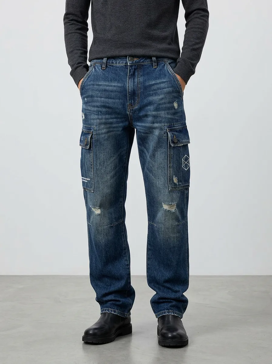 Men's Geometric Graphic Distressed Denim Cargo Jeans