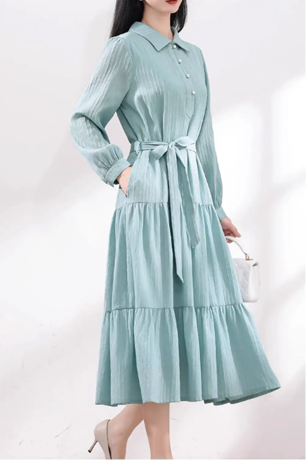 Polyester Shirt Tiered Lapel Collar Long Sleeve Midi Dress