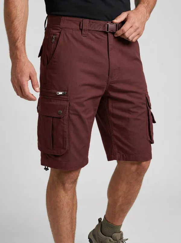 Men's Integrated Web Belt Zip Cargo Pockets Cargo Shorts