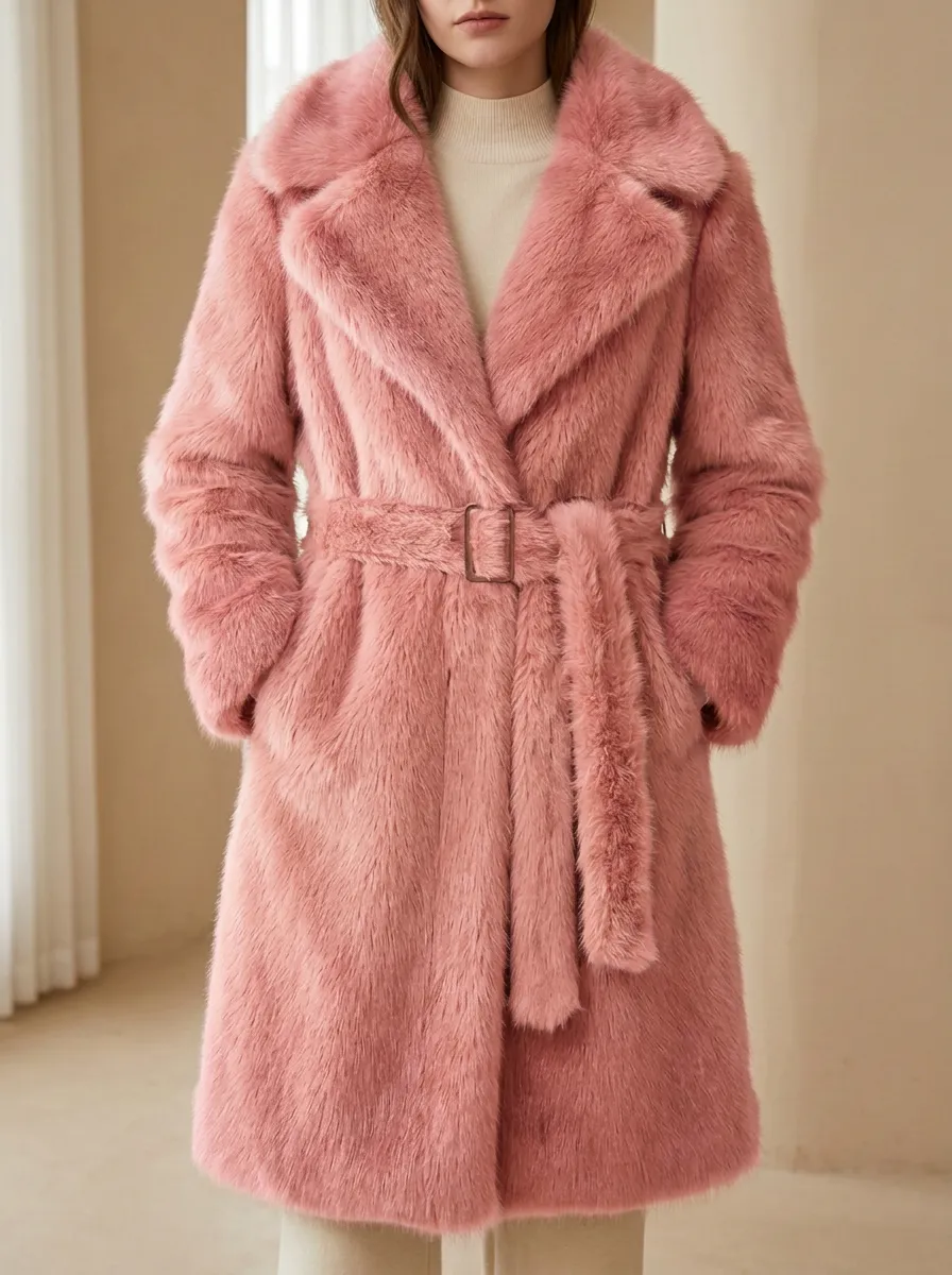 Wide Faux Fur Belted Coat