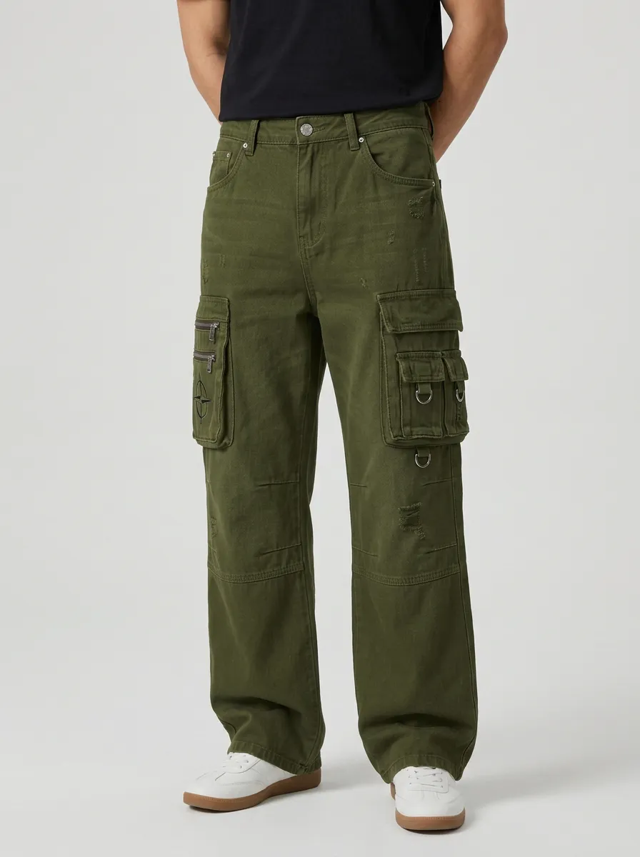 Men's Streetwear Distressed Denim Multi-Pocket Cargo Jeans