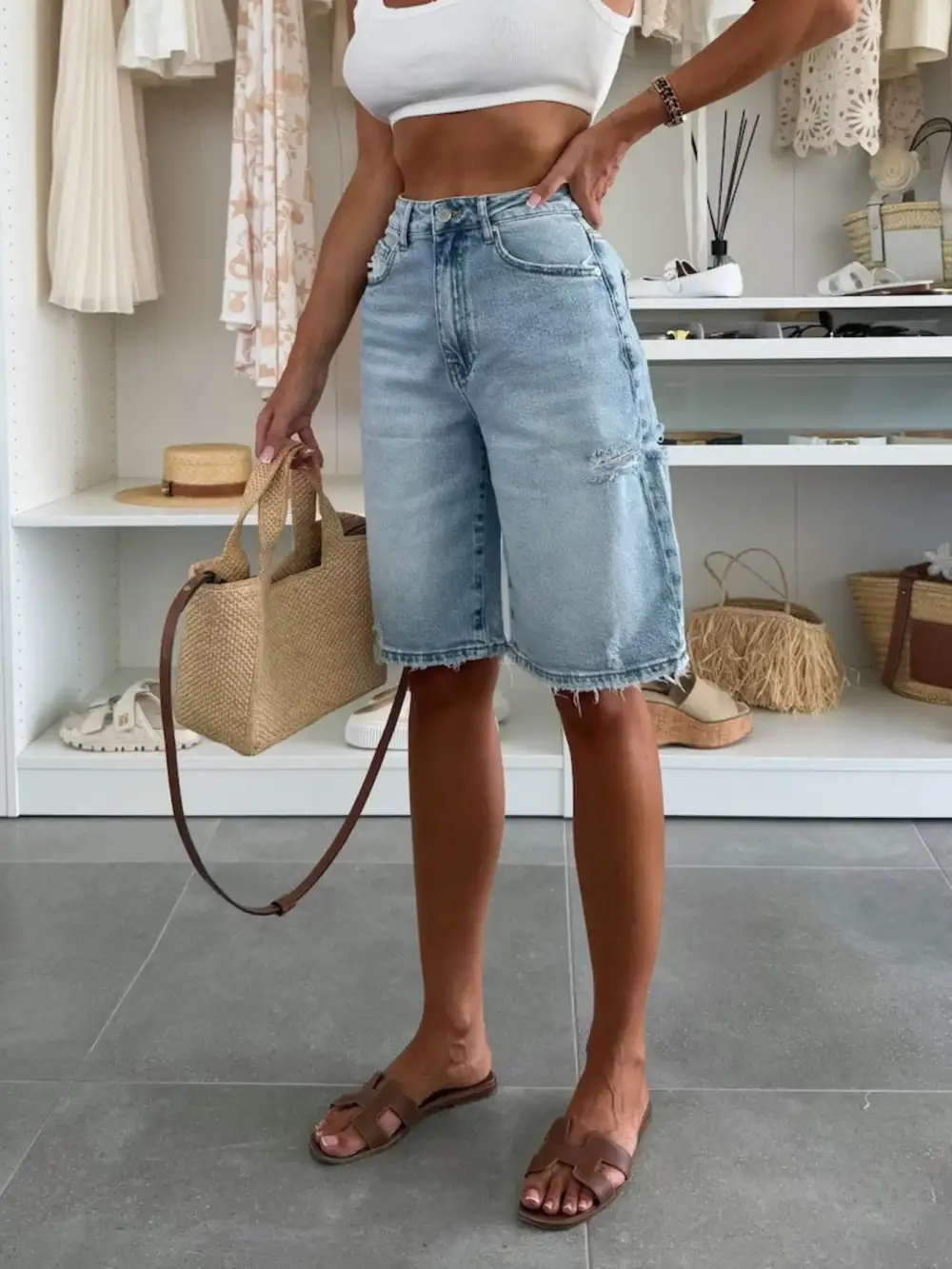 Relaxed Distressed High Waisted Denim Shorts