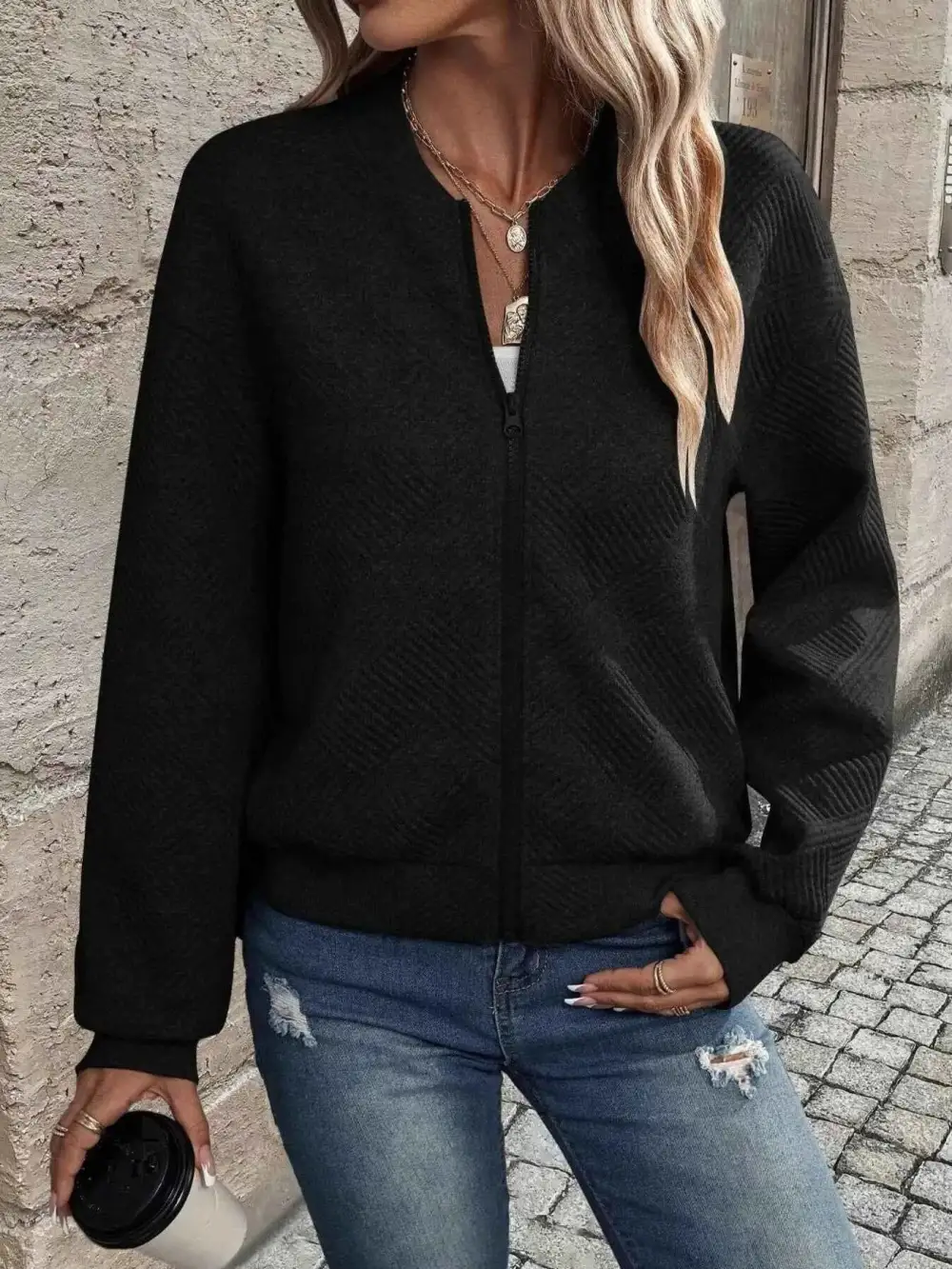 Plus Size Zip-Up Long Sleeve Textured Jacket