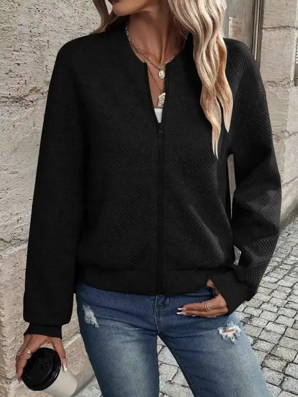 Plus Size Zip-Up Long Sleeve Textured Jacket