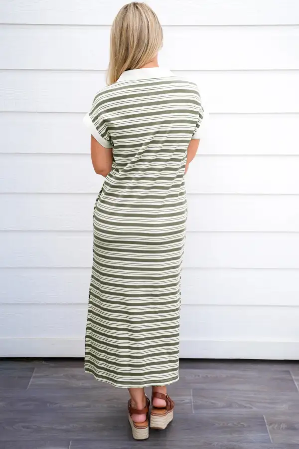 Stripe Short Sleeve V Neck Collared Pocket Everyday Midi Dress